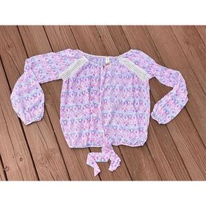 No Boundaries Pink Purple Geometric Semi Sheer Blouse Tie Waist Embroidered Deta